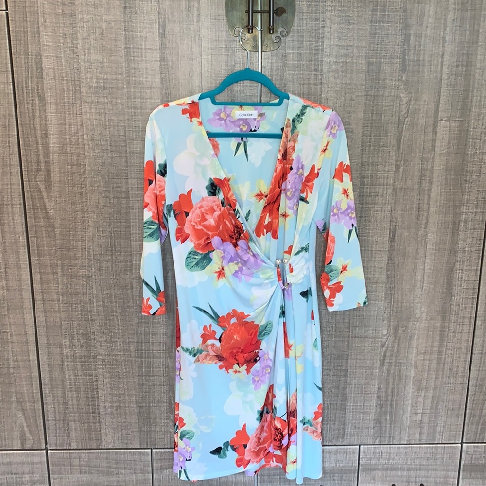 Calvin Klein Asymmetrical Floral Dress - Light Blue, Red, Purple